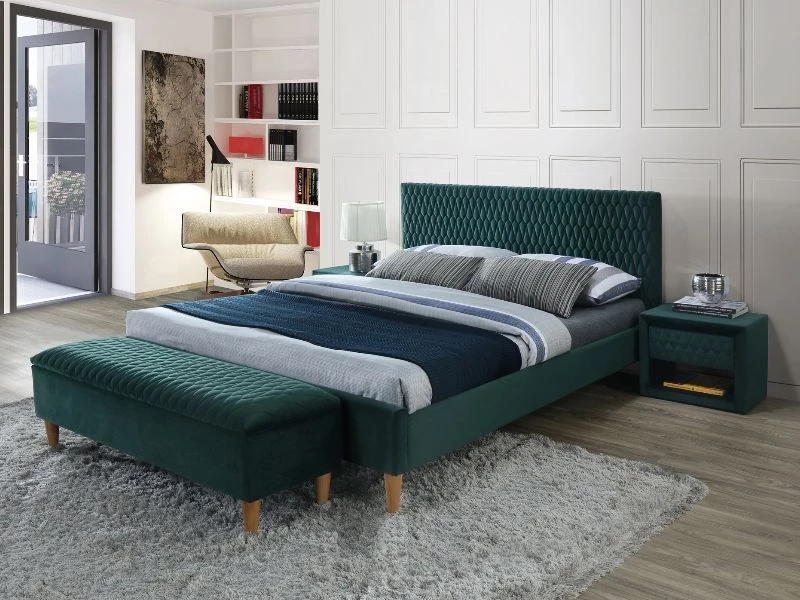 Design Plus Studio Kuchni & Salon Meblowy | ŁÓŻKO AZURRO VELVET 160X200 KOLOR ZIELONY/DĄB TAPICERKA BLUVEL 78 | 5901477277603