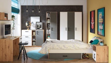 Design Plus Studio Kuchni & Salon Meblowy | FINI 02 korpus dąb artisan/front biały/wstawka antracyt - szafa | 