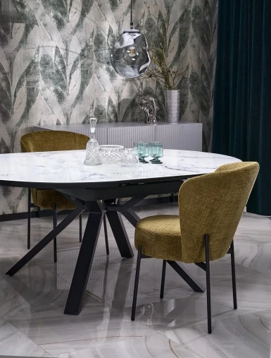 Design Plus Studio Kuchni & Salon Meblowy | VERTIGO stół rozkładany, blat - biały marmur, nogi - czarny (2p1szt) | 5905248134621