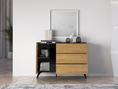 Design Plus Studio Kuchni & Salon Meblowy | Toscania 05 Dąb Baltic Dune/Jesion Prestige Czarny - Komoda 1D 3S | 