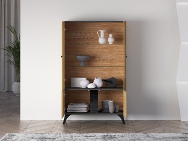 Design Plus Studio Kuchni & Salon Meblowy | Toscania 03 Dąb Baltic Dune/Jesion Prestige Czarny - witryna 2W2D | 