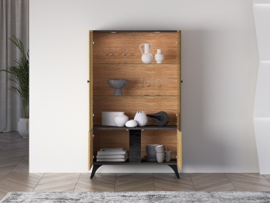 Design Plus Studio Kuchni & Salon Meblowy | Toscania 03 Dąb Baltic Dune/Jesion Prestige Czarny - witryna 2W2D | 