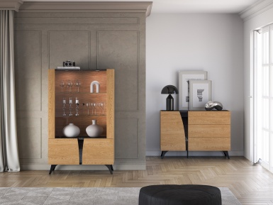 Design Plus Studio Kuchni & Salon Meblowy | Toscania 03 Dąb Baltic Dune/Jesion Prestige Czarny - witryna 2W2D | 