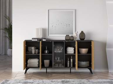 Design Plus Studio Kuchni & Salon Meblowy | Toscania 04 Dąb Baltic Dune/Jesion Prestige Czarny - komoda 5D | 