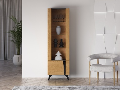 Design Plus Studio Kuchni & Salon Meblowy | Toscania 02 lewa Dąb Baltic Dune/Jesion Prestige Czarny - witryna 1W1D | 