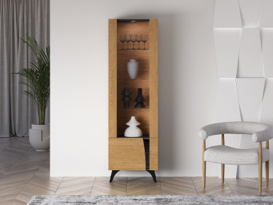 Design Plus Studio Kuchni & Salon Meblowy | Toscania 02 lewa Dąb Baltic Dune/Jesion Prestige Czarny - witryna 1W1D | 