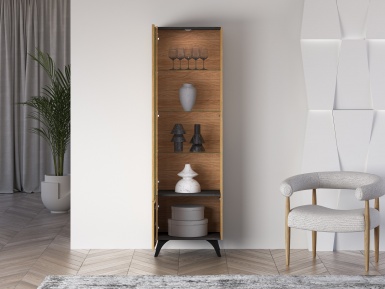 Design Plus Studio Kuchni & Salon Meblowy | Toscania 02 lewa Dąb Baltic Dune/Jesion Prestige Czarny - witryna 1W1D | 
