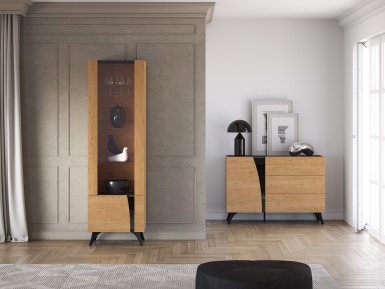 Design Plus Studio Kuchni & Salon Meblowy | Toscania 02 lewa Dąb Baltic Dune/Jesion Prestige Czarny - witryna 1W1D | 