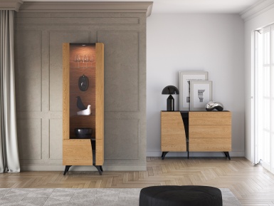 Design Plus Studio Kuchni & Salon Meblowy | Toscania 02 lewa Dąb Baltic Dune/Jesion Prestige Czarny - witryna 1W1D | 