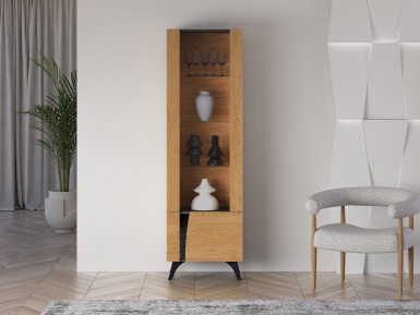 Design Plus Studio Kuchni & Salon Meblowy | Toscania 02 prawa Dąb Baltic Dune/Jesion Prestige Czarny - witryna 1W1D | 