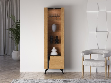 Design Plus Studio Kuchni & Salon Meblowy | Toscania 02 prawa Dąb Baltic Dune/Jesion Prestige Czarny - witryna 1W1D | 