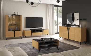 Design Plus Studio Kuchni & Salon Meblowy | Toscania 06 Dąb Baltic Dune/Jesion Prestige Czarny - RTV 2D1S | 