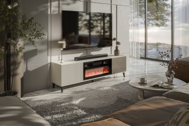 Design Plus Studio Kuchni & Salon Meblowy | RANDOM 2 RTV-K stolik RTV 180 cm z kominkiem kaszmir / orzech / czarny (3p1szt) | 5905248137721