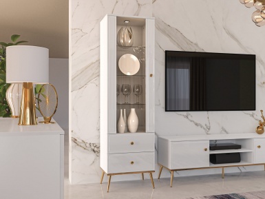 Design Plus Studio Kuchni & Salon Meblowy | Goldin 0201 Biały alpejski/Biały połysk - witryna | 